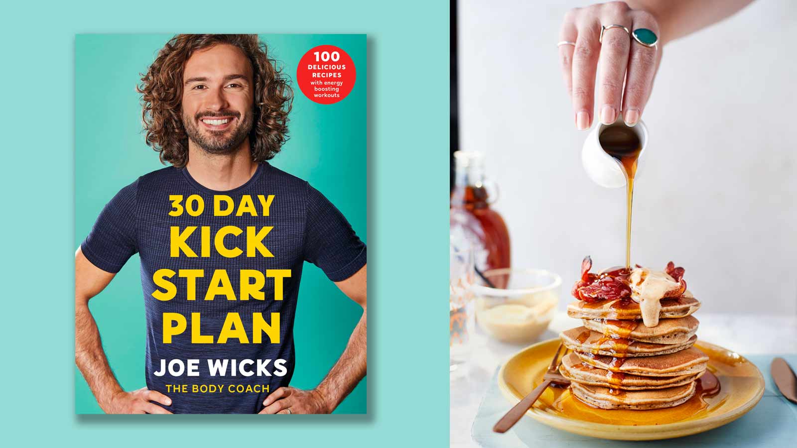 30 Day Kick Start Plan cover and a stack of Joe Wick's Elvis pancakes