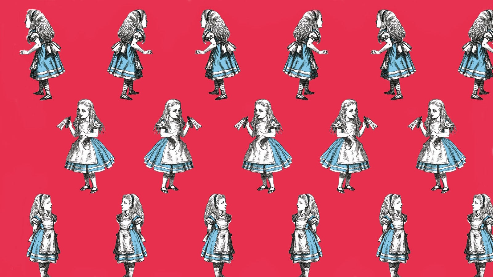 Alice in Wonderland illustrations on a red background