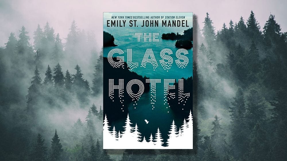 The Glass Hotel hardback book jacket against banner background