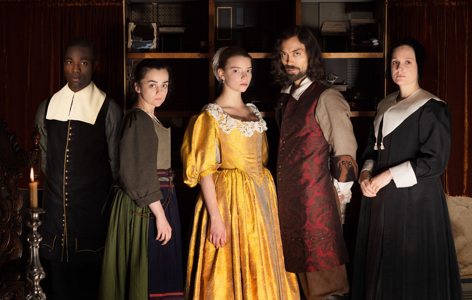 Photo taken from the TV Series The Miniaturist, depicting five cast members in period dress