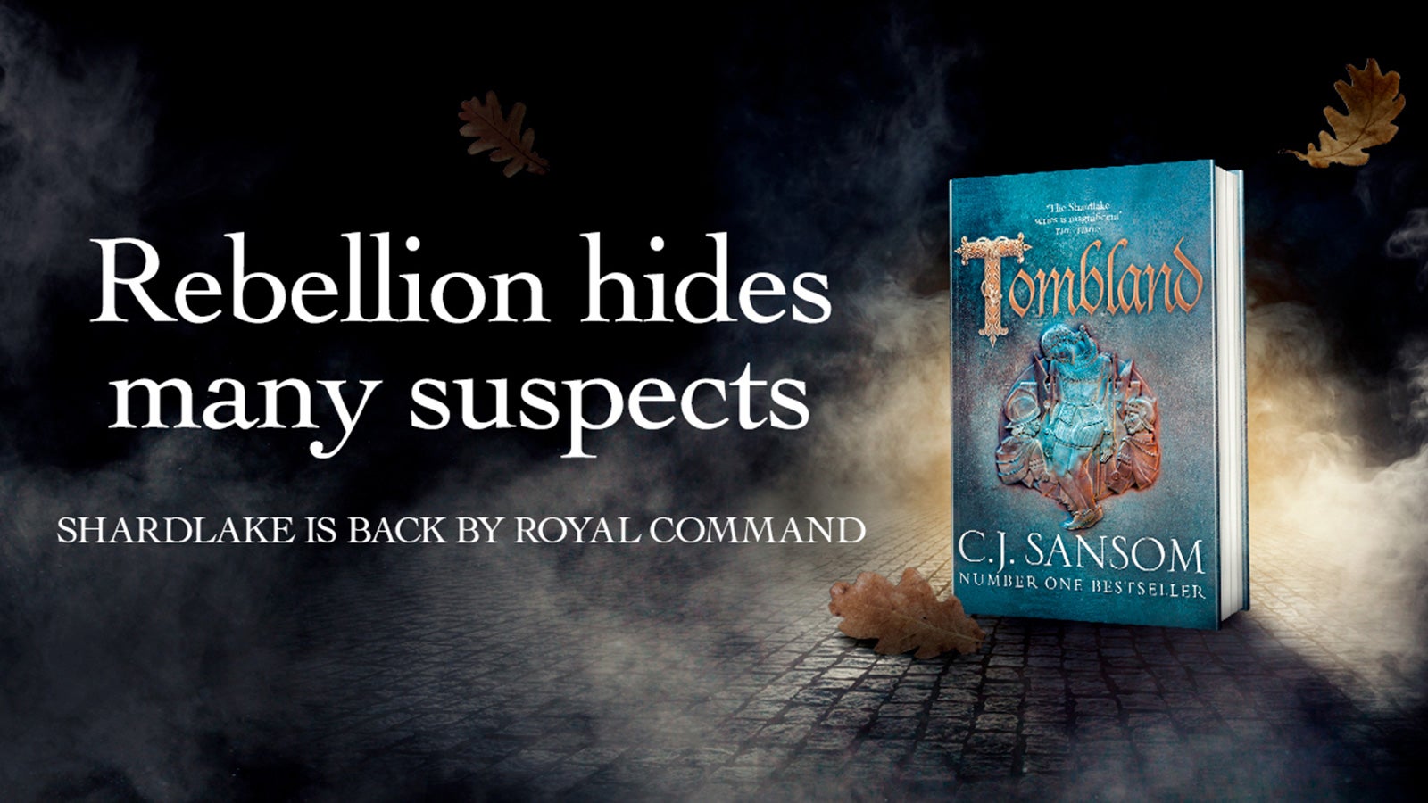 Tombland book cover next to the words 'Rebellion hides many suspects'