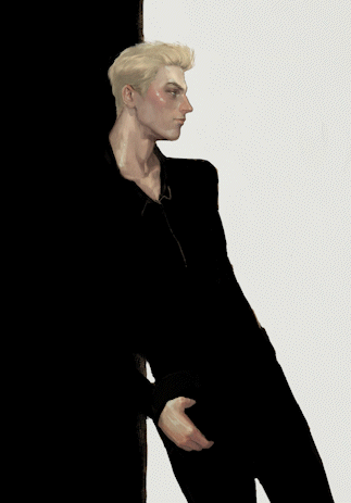Animation of Callum Nova, showing him dressed in black, leaning against a wall with a smirk a a heart appears next to his face