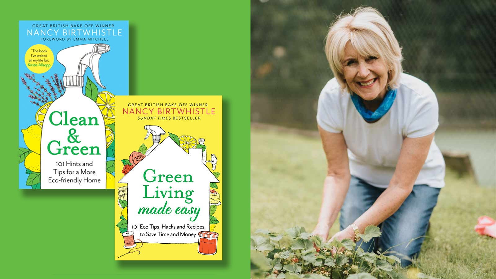 A photo of Nancy Birtwhistle kneeling whilst gardening, next to an image of her books on a green background.