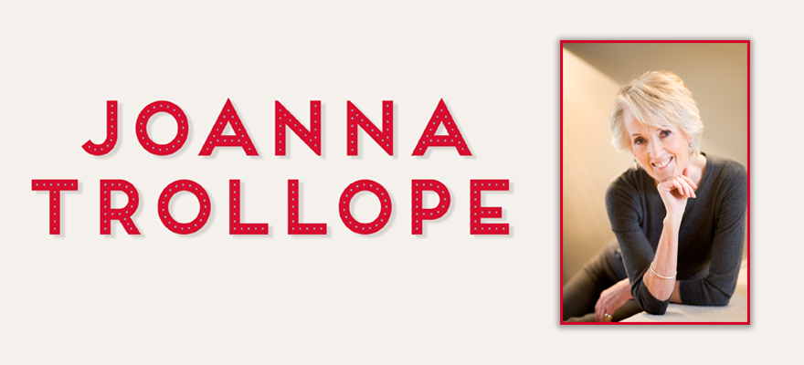 Headshot of Joanna Trollope and her name written in red