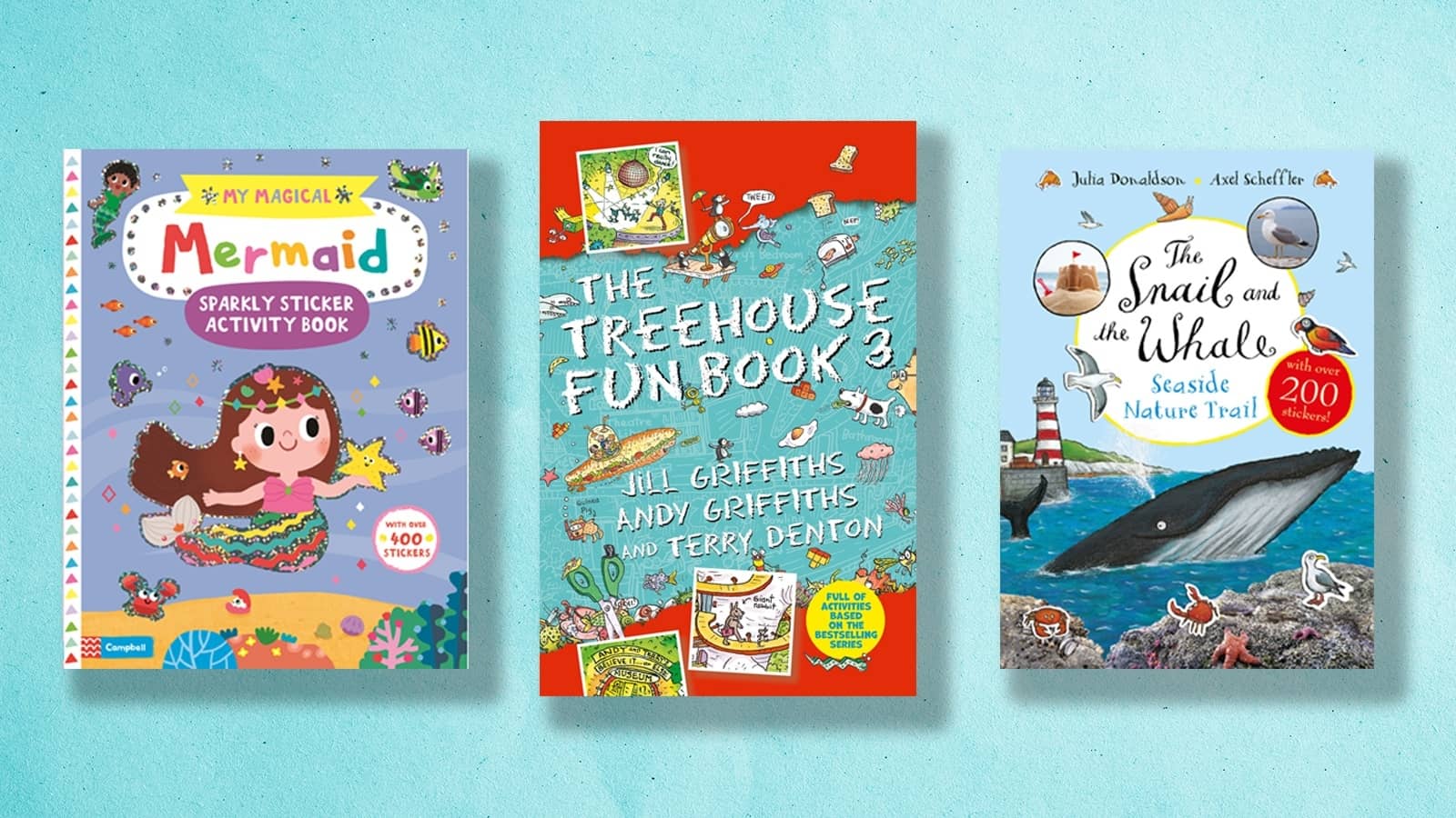 Book covers for My Magical Mermaid, The Treehouse Fun Book 3 and The Snail and The Whale seaside Nature Trail on a blue background