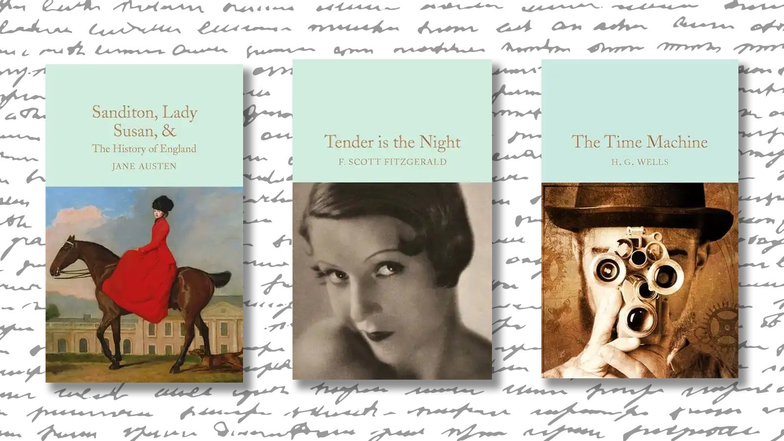Three classic novels on a background of handwriting.