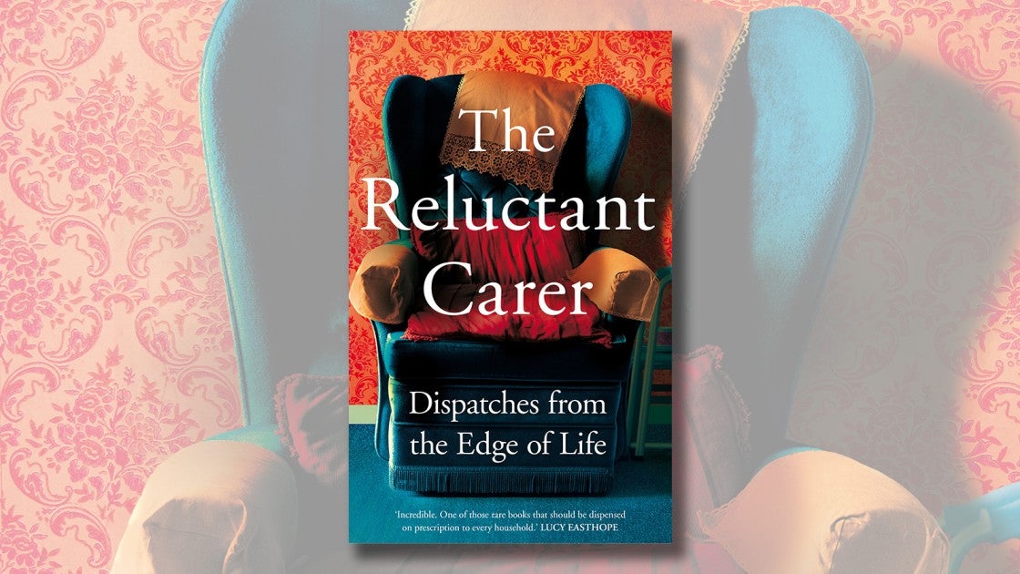 The Reluctant Carer book jacket in front of an old armchair. 