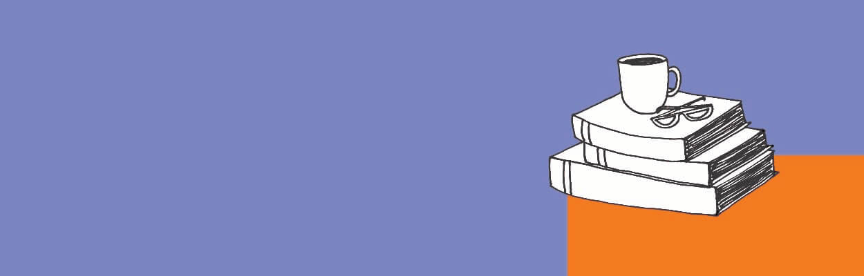 An illustration of a stack of hardbound books with glasses and a coffee resting on top.