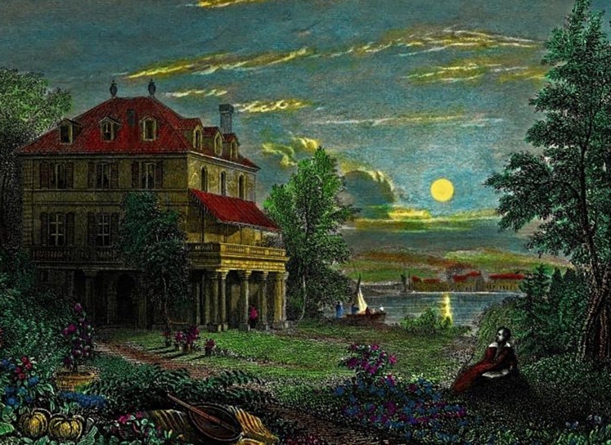A dark painting of an old house with a lake in front of it and gardens in the foreground