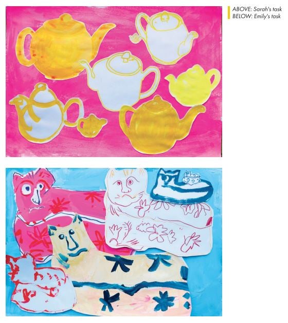 Two paintings: the first showing multiple abstract paintins of teapots in white and yellow set against a pink background, the sceond showing give abstract paintings of a cat in pinks, blues reads and creams set against a blue background