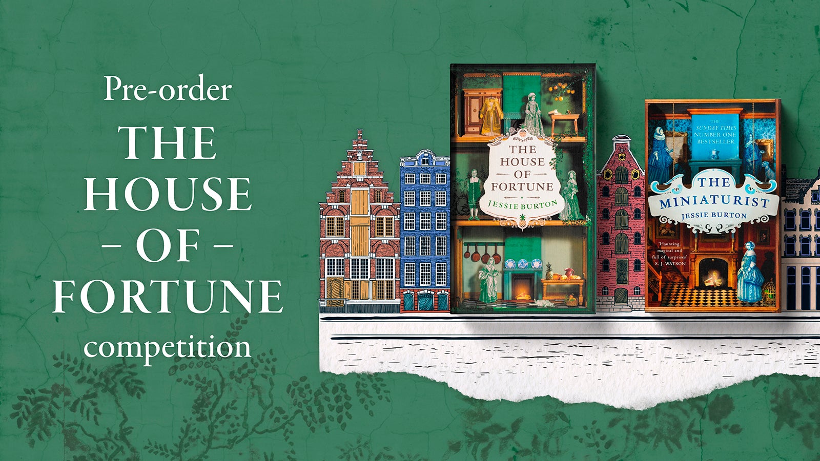 A graphic reading 'Pre-order The House of Fortune competition' alongside a copy of The House of Fortune and The Miniaturist.