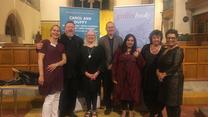 Mel Griffin of Griffin Books, John Sampson, Gillian Clarke, guest poet Stephen Payne, Imtiaz Dharker, Carol Ann Duffy, Jackie Kay