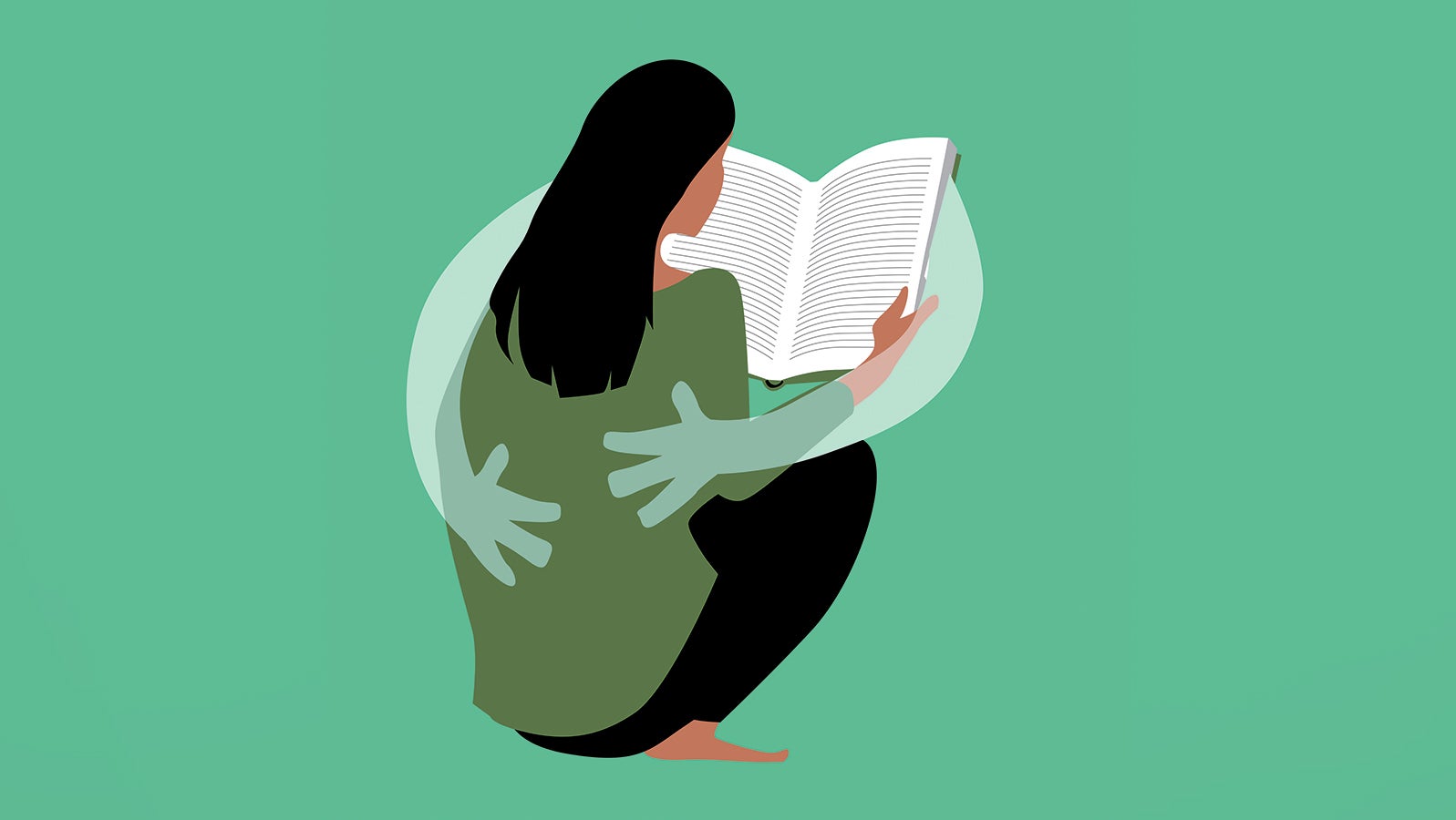 Illustration of a woman reading a book that is embracing her