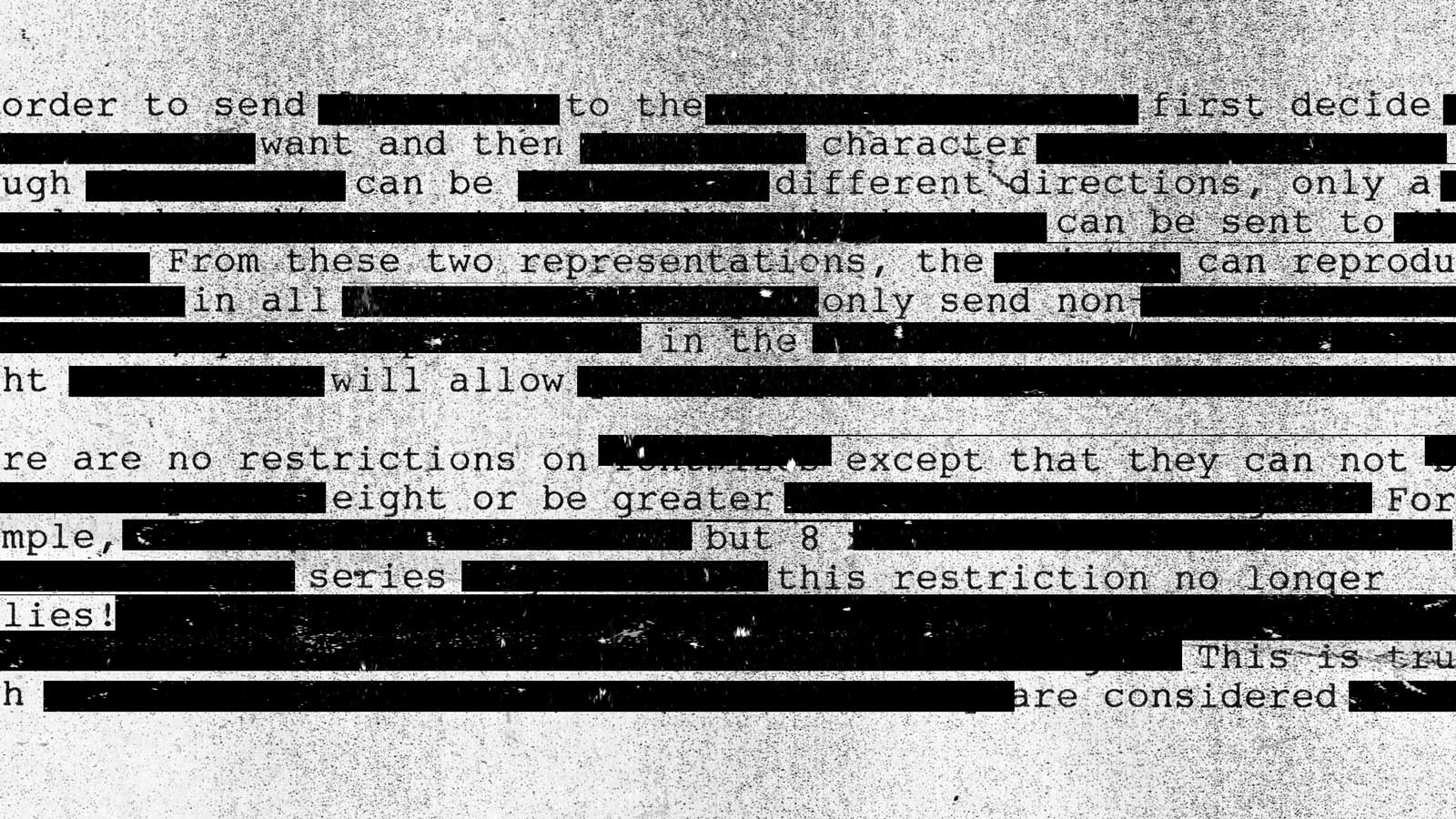 A close up of letter written on a typewriter with large parts of the content censored by black stips