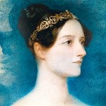 head and shoulders painting of ada lovelace with a blue background 