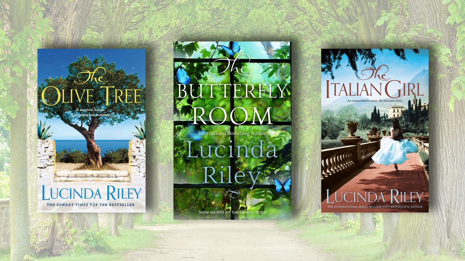 Book covers of the Olive Tree, The Butterfly Room and The Italian Girl on a background of a faded forest