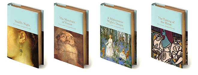 Books pictured include Twelfth Night, The Merchant of Venice, A Midsummer Night’s Dream and The Taming of the Shrew. 