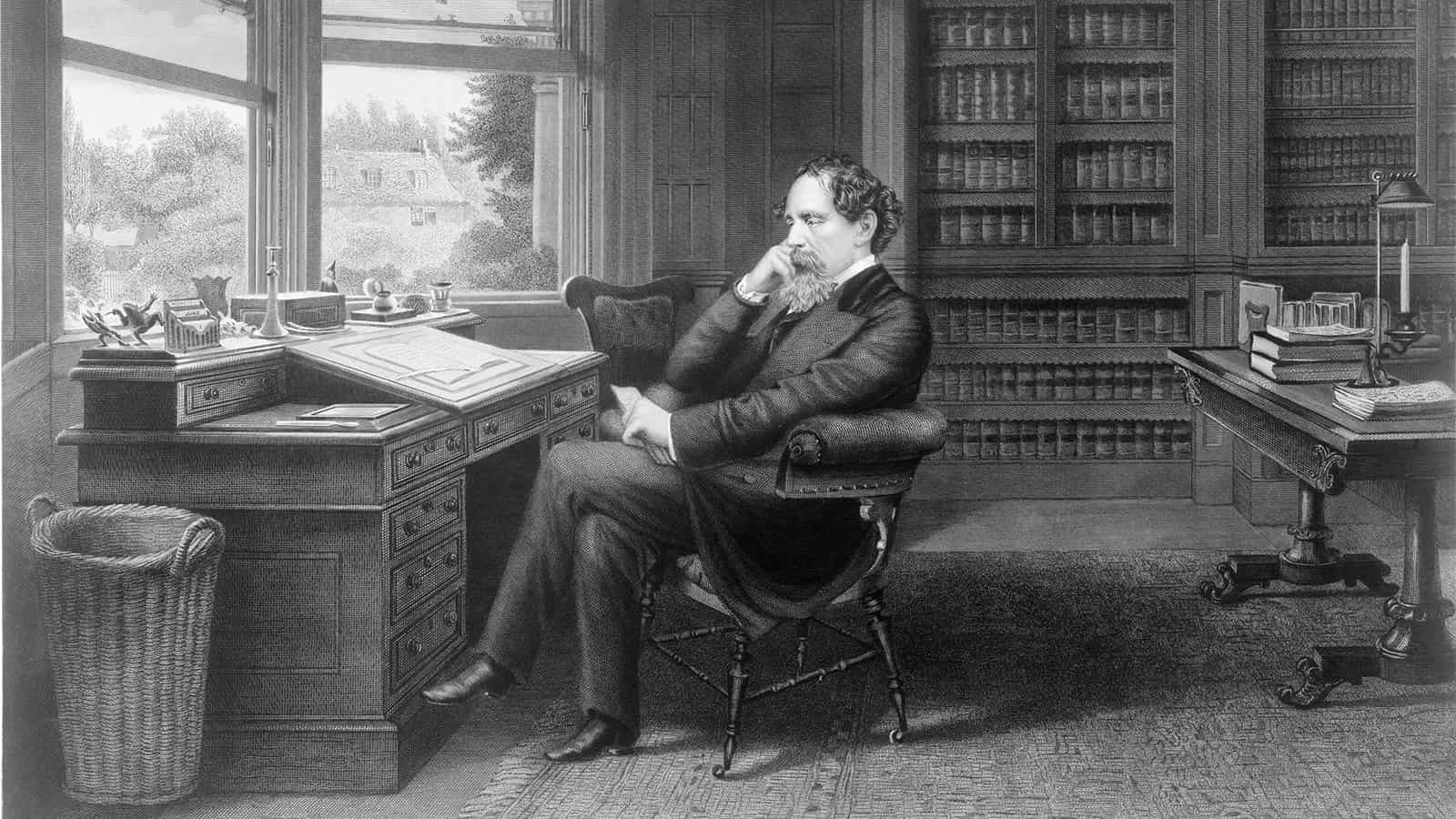 Black and white drawing of Charles Dickens sat at his desk
