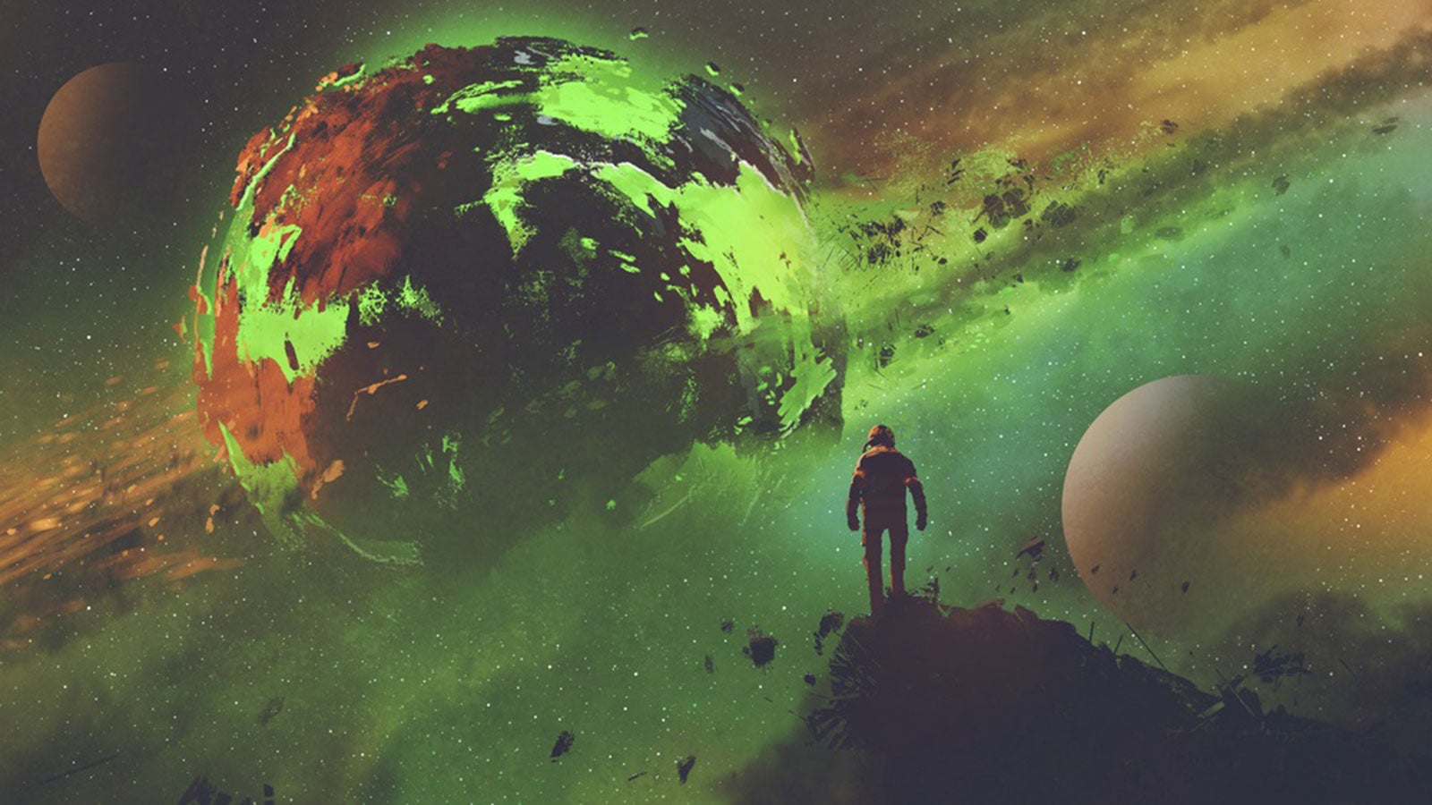 Illustration of an astronaut stood on a rock looking out at a large green glowing planet