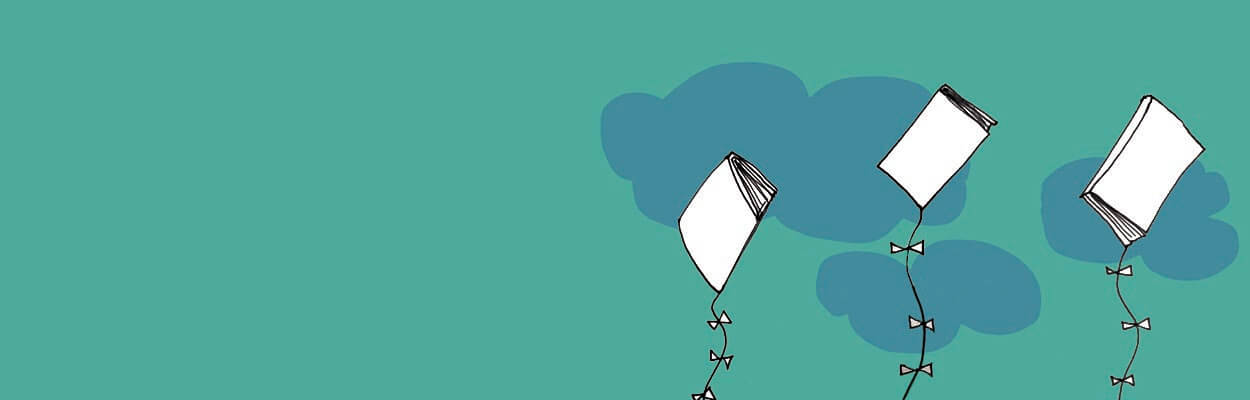 Illustration of three books tied on kite strings flying among the clouds. Illustration of three books tied on kite strings flying among the clouds.