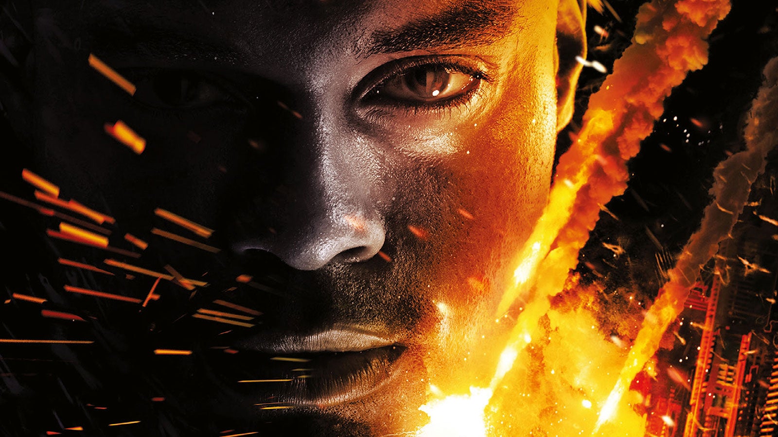 A man's face with sparks of fire. Image taken from The Void Trilogy book covers.