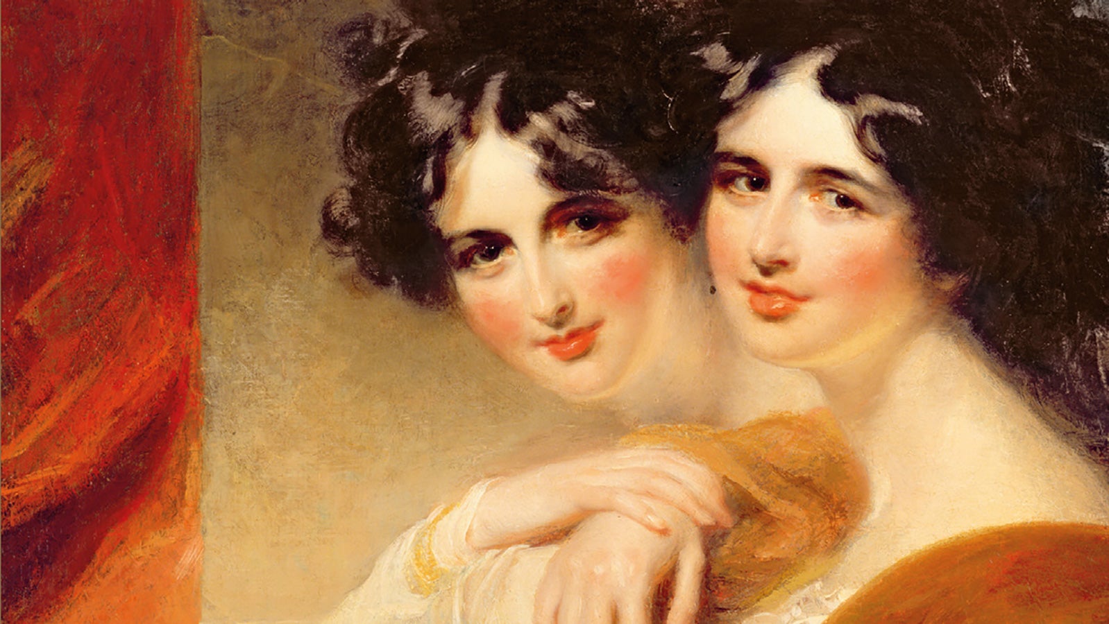 Oil painting of two Regency-era young women looking over their shoulders an smiling