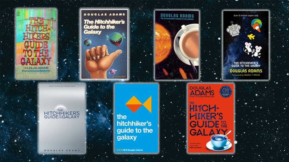 Book covers of The Hitchhiker's Guide to the Galaxy throughout the ages, on a background of stars