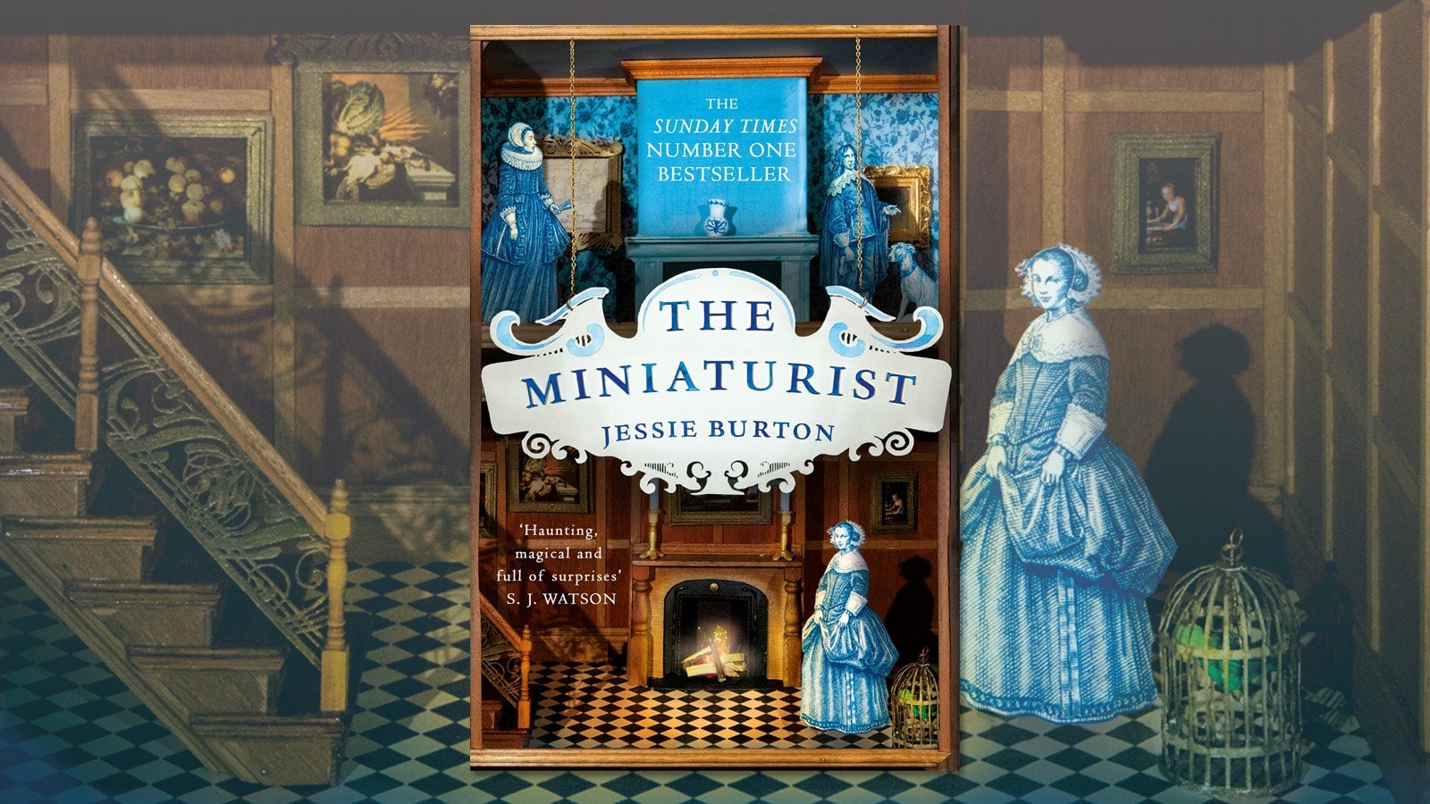 Book cover for The Miniaturist showing a tiny card outline of a woman in an ornate miniature house