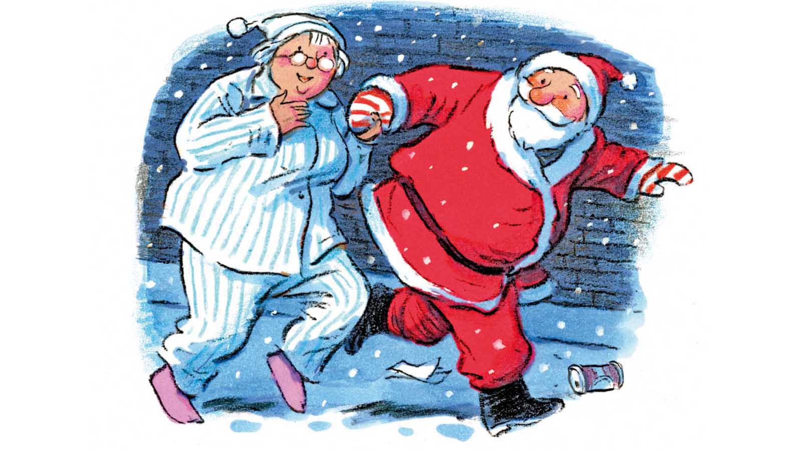 Illustration of Mrs Scrooge in her pajamas sneaking out with Father Christmas in the snow. Taken from Carol Ann Duffy's Mrs Scrooge.