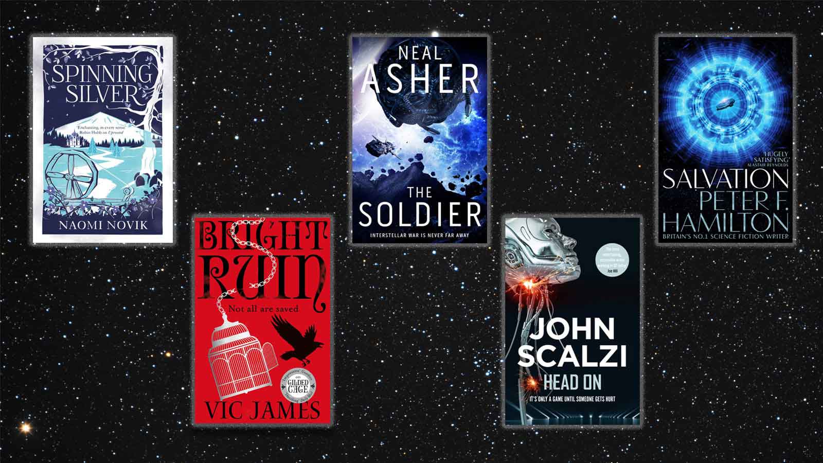Covers of the 6 books: Spinning Silver, Bright Ruin, the Soldier, Head On and Salvation, on a background of stars