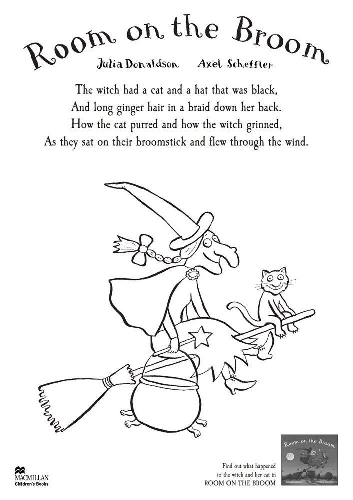 Colouring sheet showing the witch and her cat