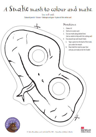 Cut out and colour in snake face mask for children