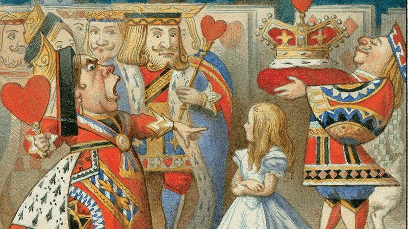 Illustration of Queen of Hearts, King of Hearts and Alice