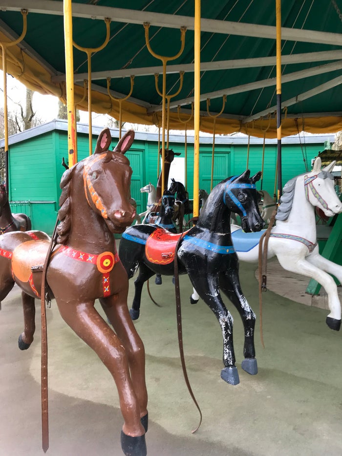 A close up of horses on the carousel