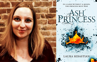 Laura Sebastian with long hair smiling in front of a brick wall next to her book Ash Princess