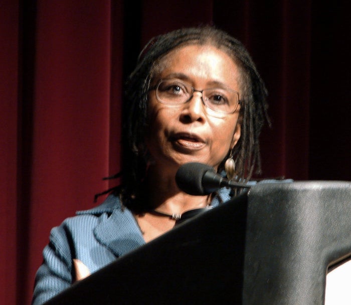 Photograph of Alice Walker making a speech at a lectern