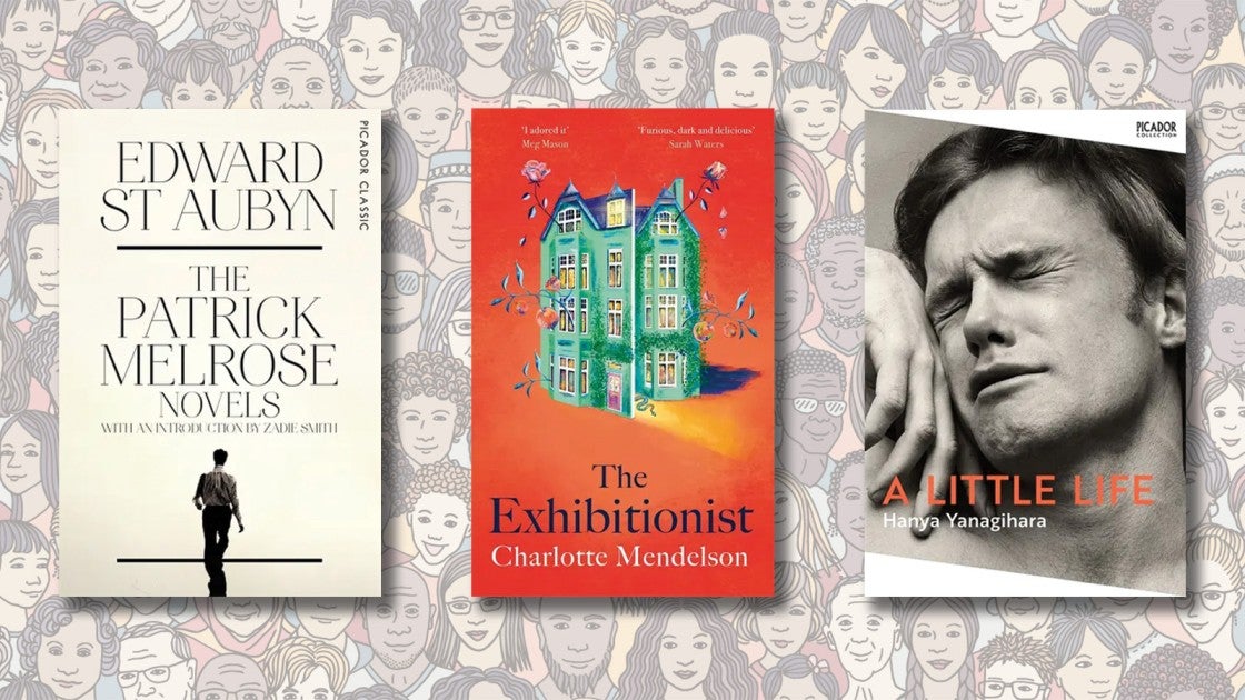 Three books stand in front of a background of many illustrated faces.