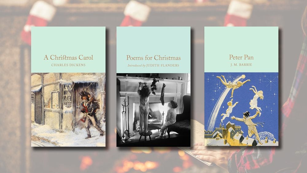 A Christmas Carol, Poems for Christmas and Peter Pan against a backdrop of a person reading in front of a crackling fire