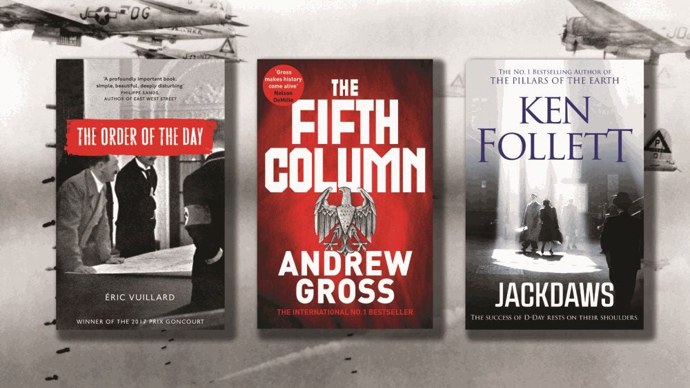 Covers of The Order of The Day, the Fifth Column and Jackdaws on a background showing WW2 fighter planes