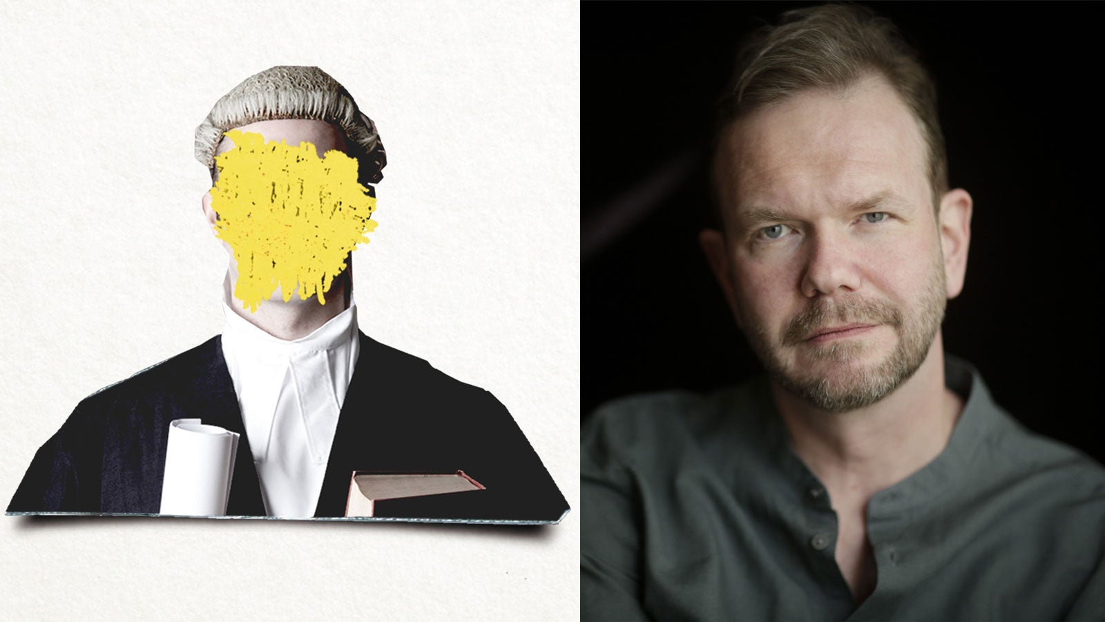 Image of an illustration of a barrister with the face scribbled out taken from the book cover of The Secret Barrister, and photo of James O'Brien