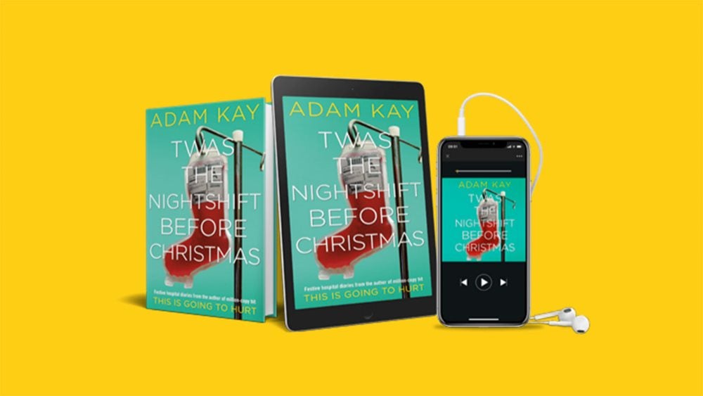 Twas the Nightshift bbefore Christmas shown in hardcover, ebook on a tablet and audiobook on a smart phone against a yellow background
