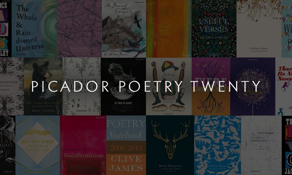 Picador Poetry Twenty written in white with Picador poetry book covers tiled behind