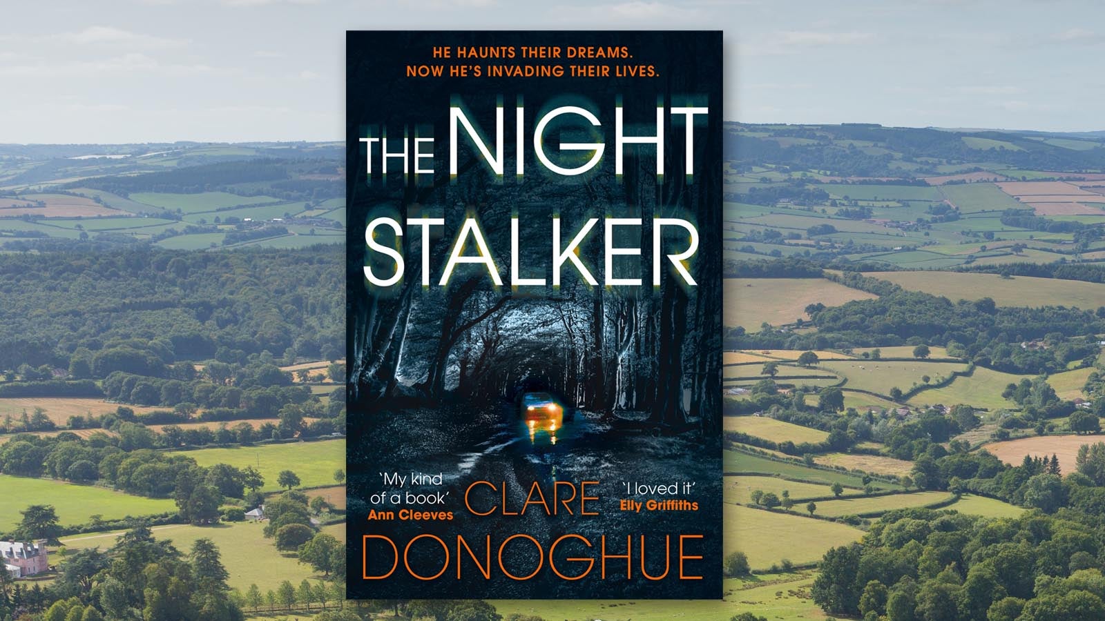 The Night Stalker by Clare Donoghue book cover on a background of fields 