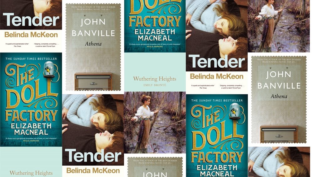 The covers of the Doll factory, Tender and Wuthering Heights arranged in a pattern