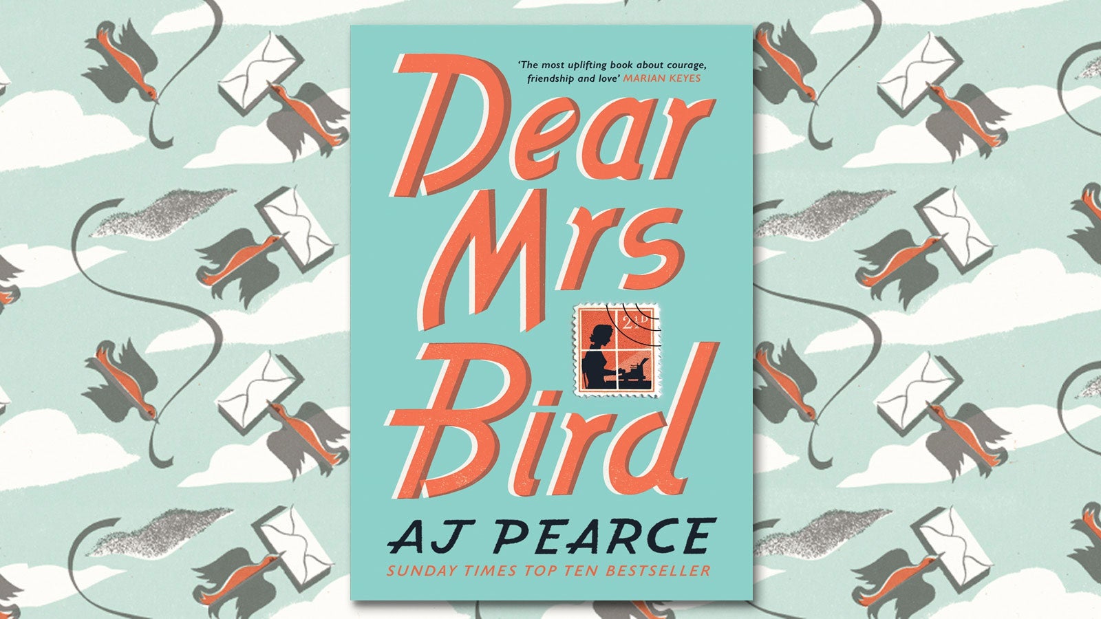 Dear Mrs Bird book jacket set against it's own illustrations of birds delivering post in their beaks.