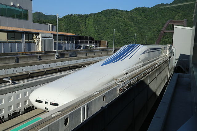 An L0 series maglev train on the Chuo Shinkansen test track in Yamanashi Prefecture, Japan