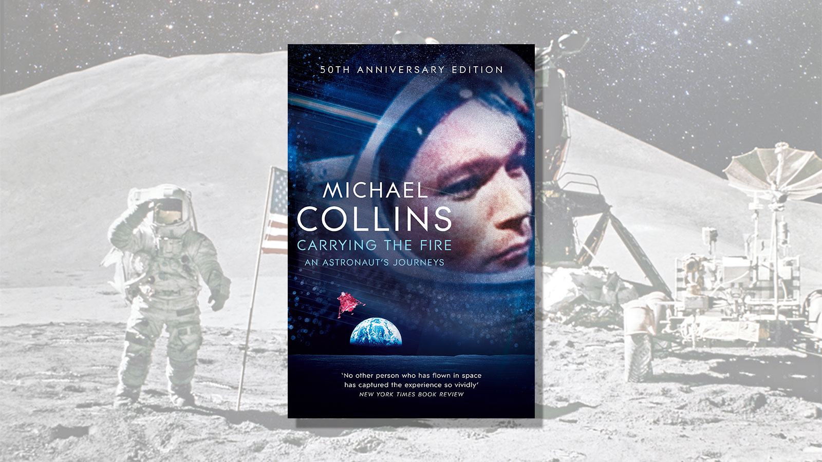 Image of the books cover for Michael Collins against a faded image of the moon landing