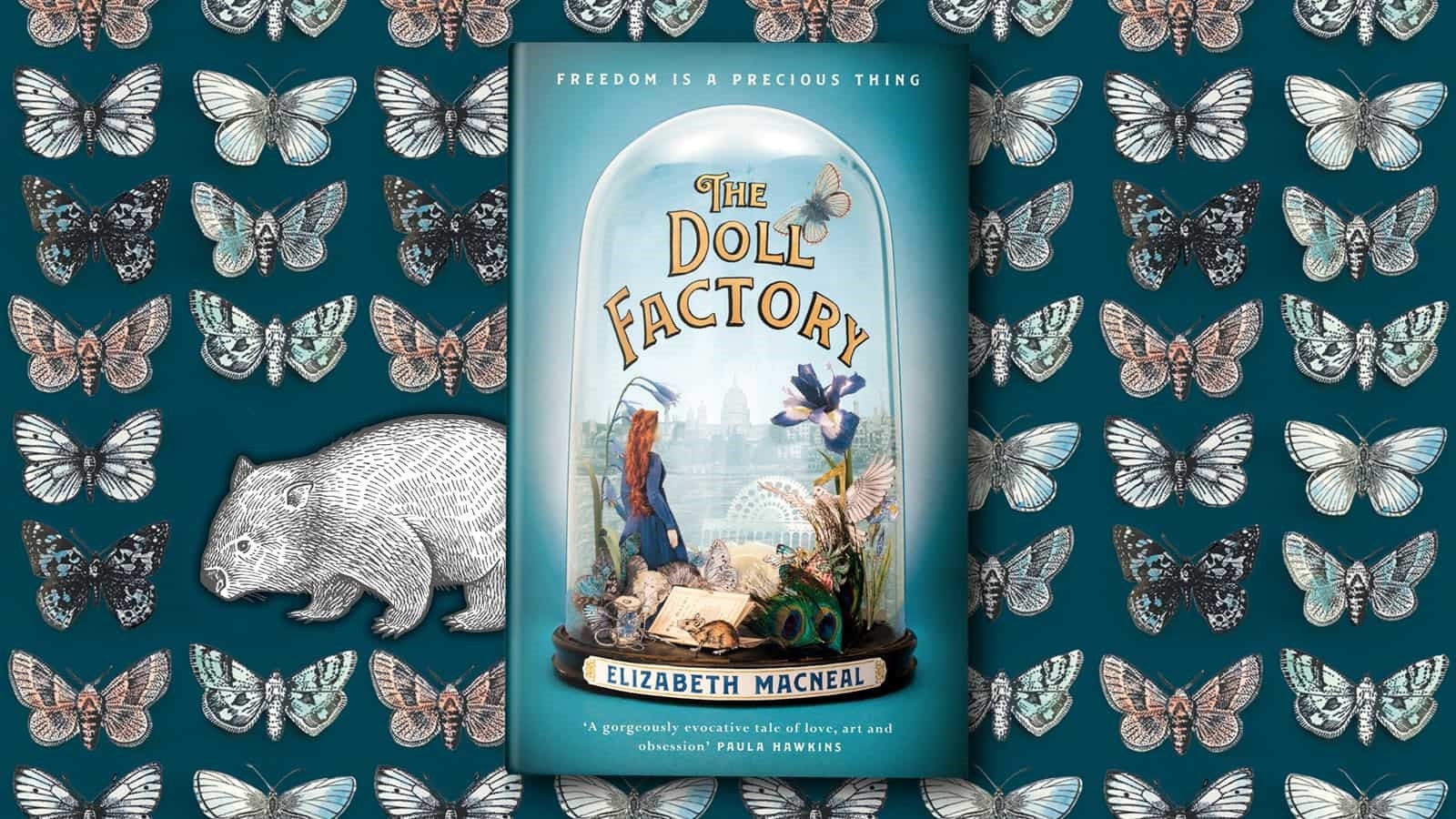 The Doll Factory book cover against an illustration of butterflies and a wombat