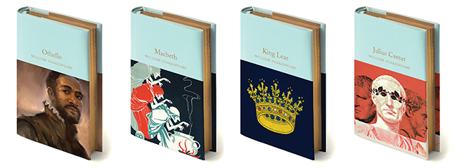 Books pictured include Othello, Macbeth, King Lear, Julius Caesar, Romeo and Juliet and Hamlet