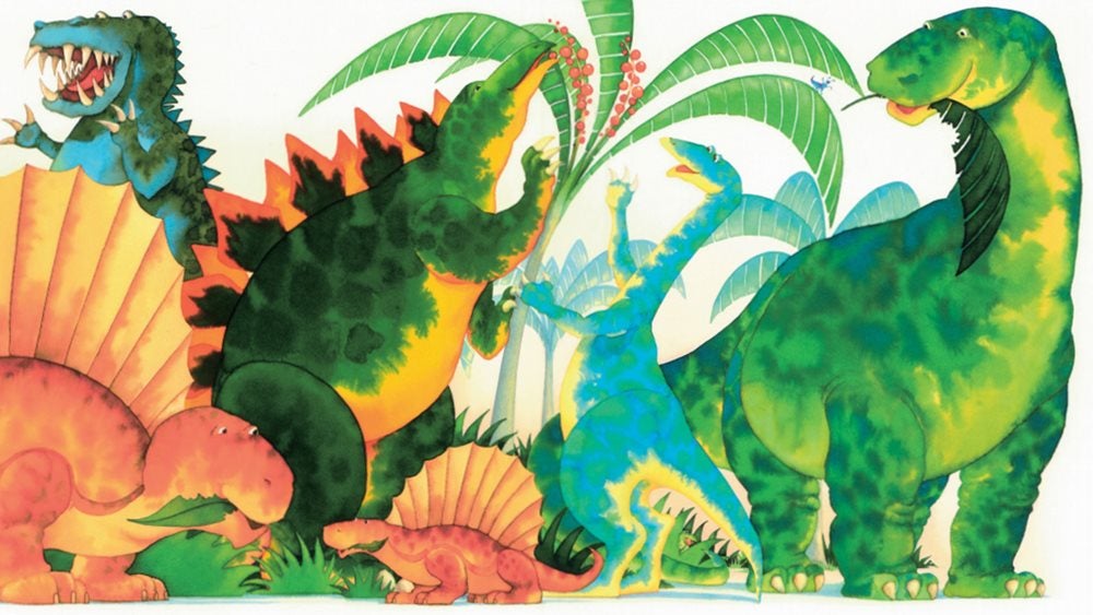 colourful illustration of friendly dinosaurs eating plants 